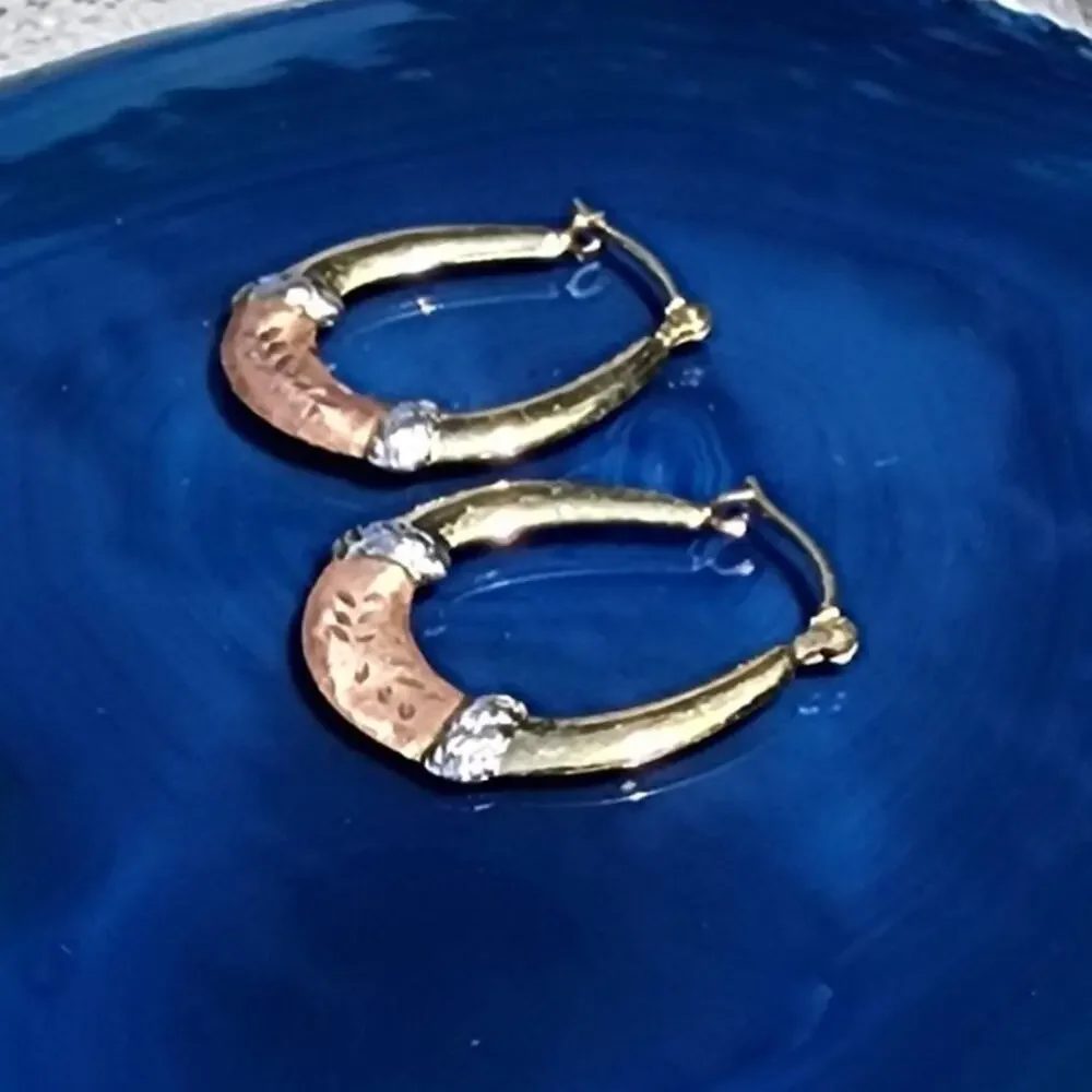 Vintage JCM 14K Fine Tri Tone Gold Diamond Cut Puff Hoop Earrings